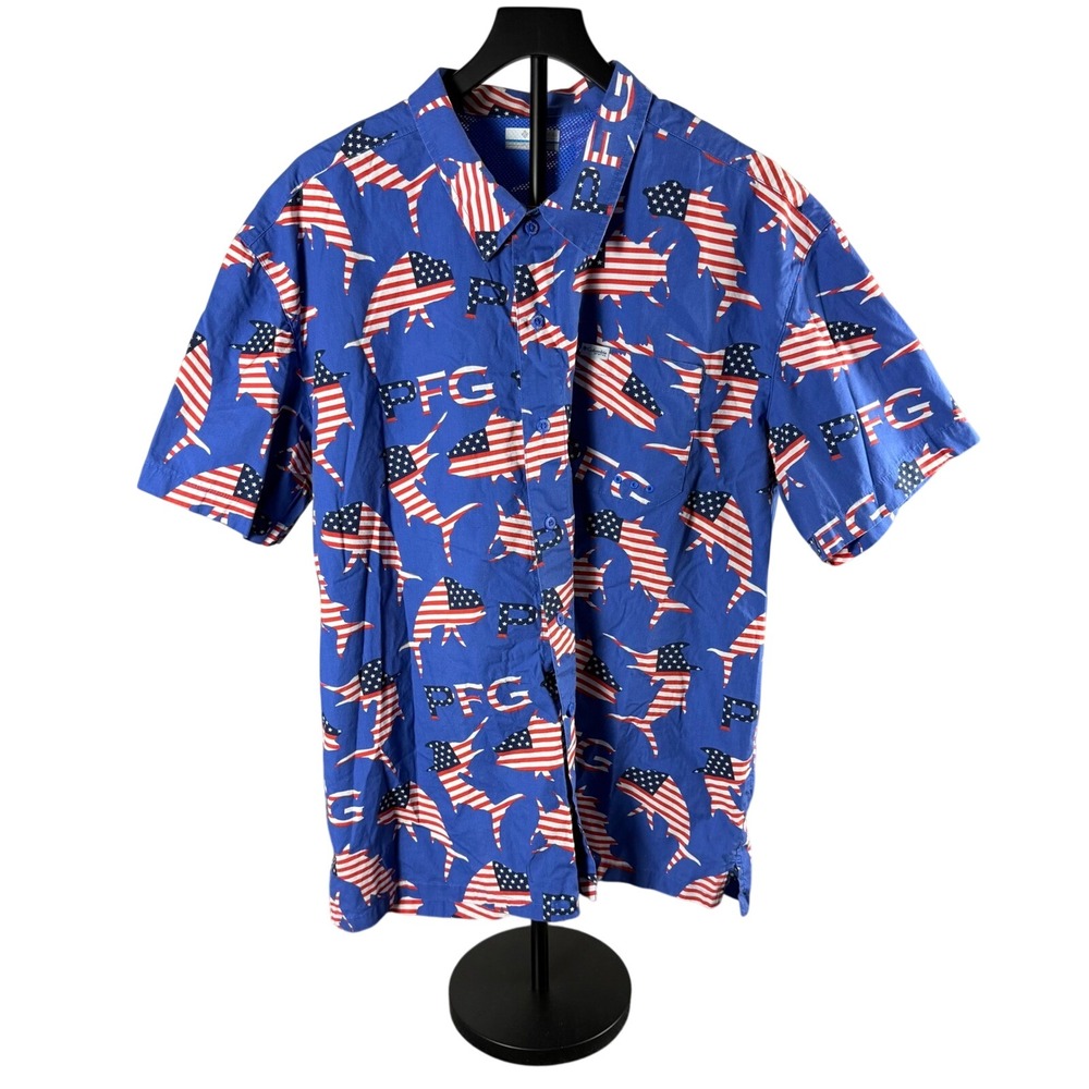 Columbia PFG Mens XL Blue American Flag Fish Print Fishing Shirt Short Sleeve